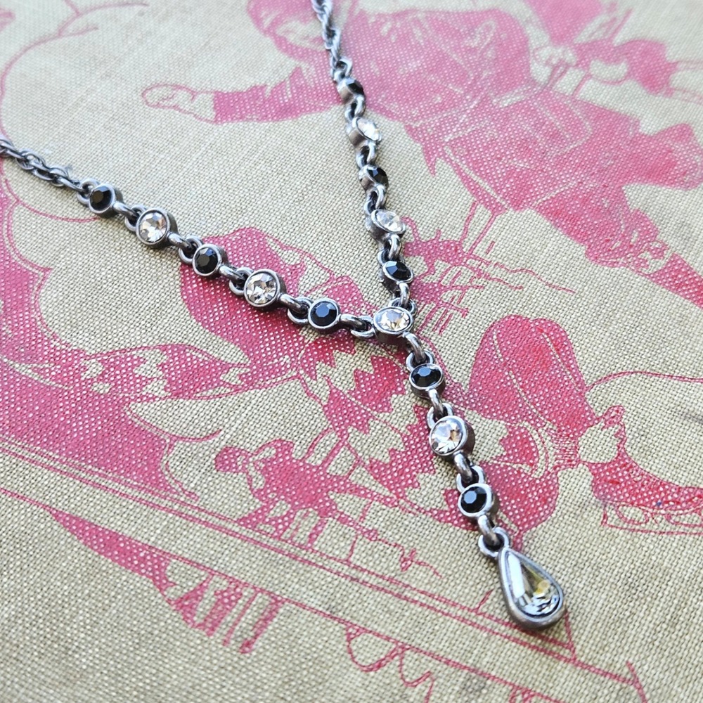 1928 Jewelry Gunmetal Black Clear Crystal Y Necklace Teardrop Lariat Victorian